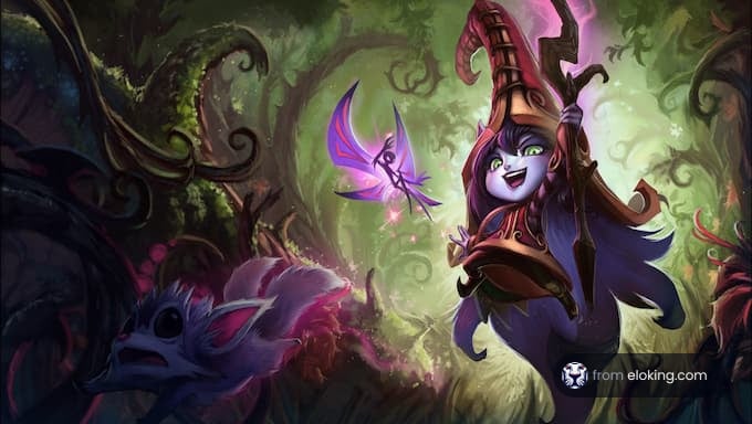 A magical forest adventure with a playful character and a fairy.