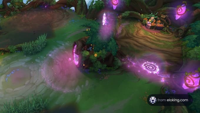 A magical forest scene featuring mystical portals and vibrant greenery.