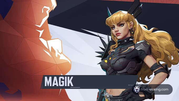 A stylized character named Magik with blonde hair and futuristic armor.