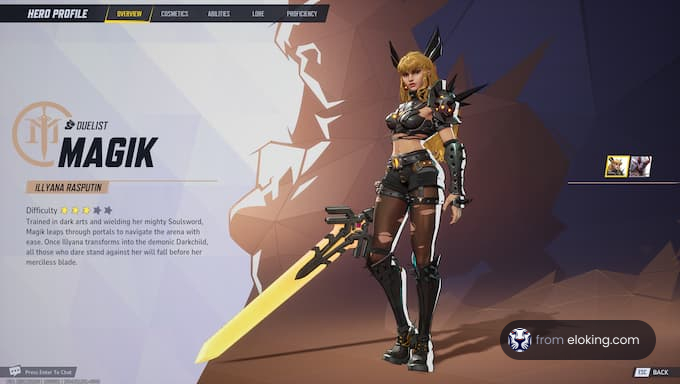 Hero profile of Magik with a unique weapon