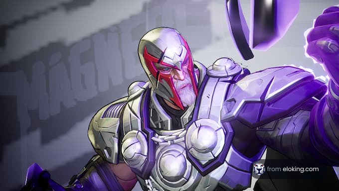 A magnetic warrior character in dynamic action pose.