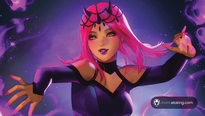A majestic magician with pink hair performing a spell