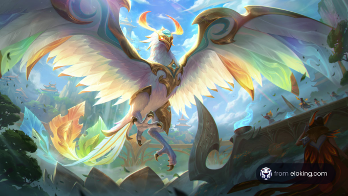 A majestic phoenix soaring in a fantastical sky