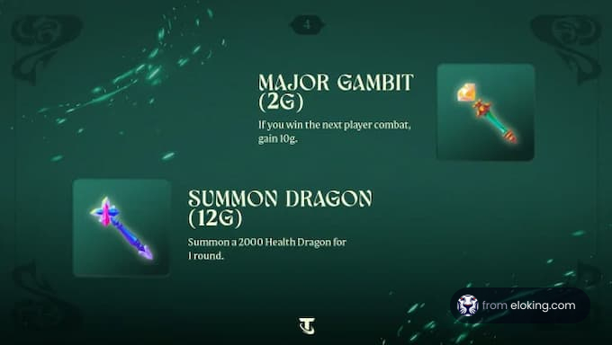 A graphic of strategic game cards featuring Major Gambit and Summon Dragon abilities