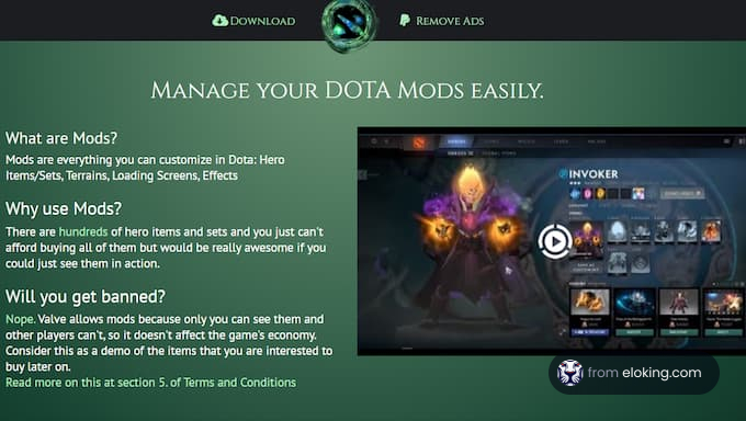 Screenshot of a website for managing Dota mods, featuring the Invoker hero