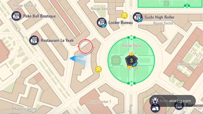 Mapa que muestra las ubicaciones de restaurantes cerca de la Plaza Rouge