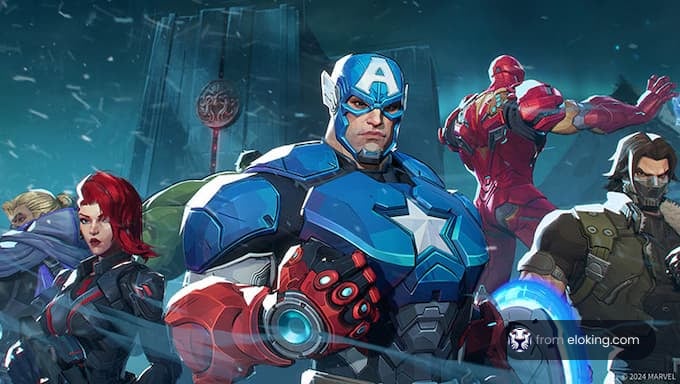 Marvel-Helden in einer Actionszene mit Captain America im Vordergrund