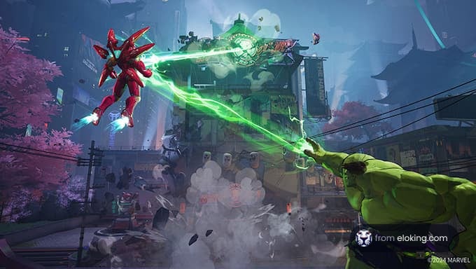 Marvel Hulk fighting a robot in a vibrant city setting.