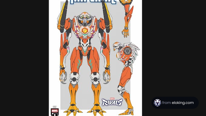 A colorful animated character design showcasing a robot in dynamic poses.