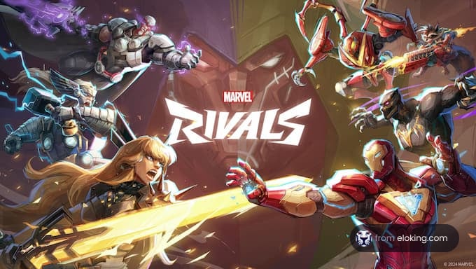 Marvel Rivals Spiel Werbeillustration mit verschiedenen Superhelden in Aktion.