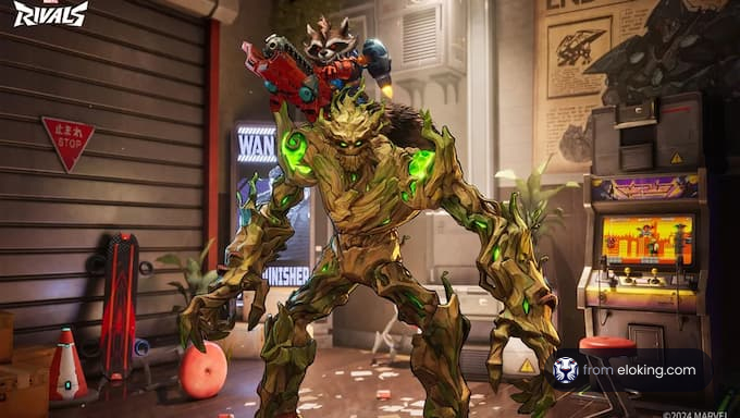 A dynamic action scene featuring Groot and Rocket Raccoon in a vibrant setting.