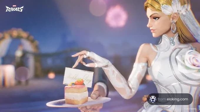 A character holding a wedding cake with a card saying 'Happy Day'.