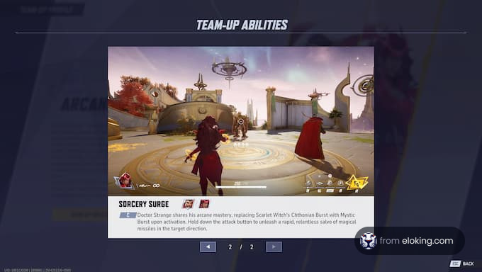 Doctor Strange shares his arcane mastery with Scarlet Witch in a magical battle scene.
