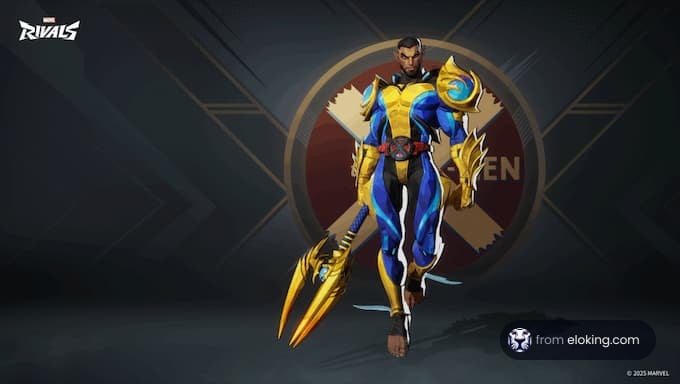A superhero character from Marvel Rivals, dressed in blue and yellow with unique weapons.