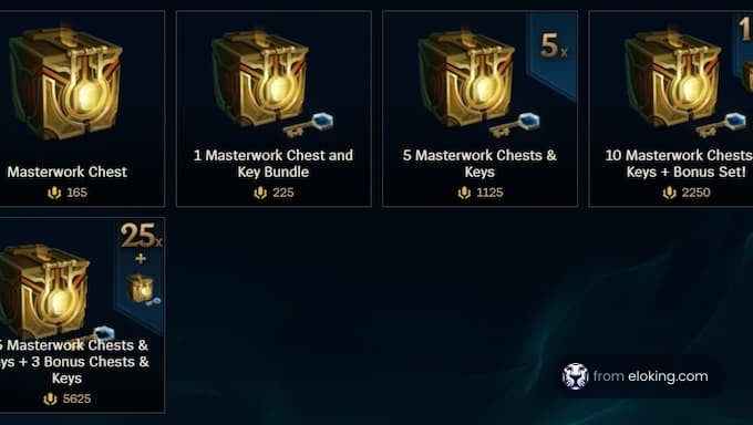 Various packages of Masterwork chests and key bundles in a video game
