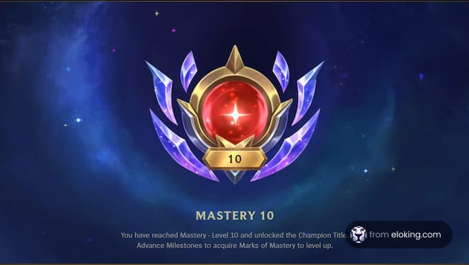 Mastery level 10 badge in a video game with a glowing red gem and purple wings