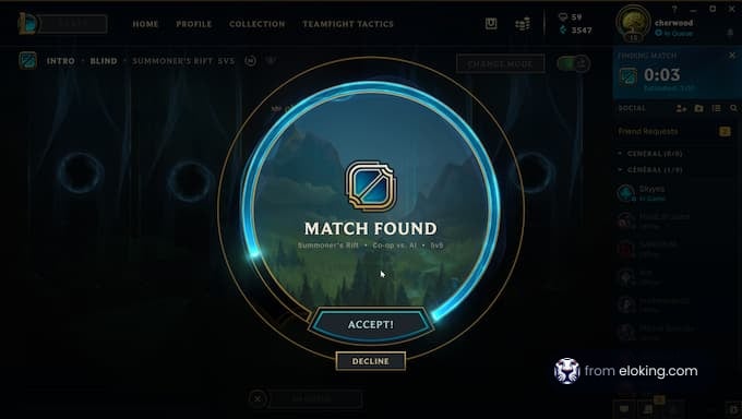 Match found in Summoner's Rift for League of Legends