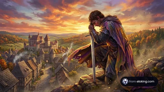 A medieval hero praying at sunset overlooking a village.