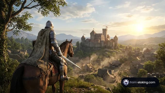 A medieval knight on horseback gazing at a castle at sunset