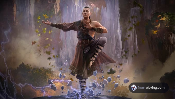 A meditating warrior in a serene natural setting.