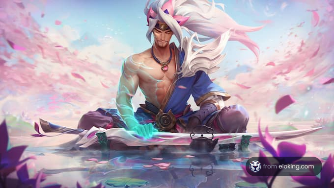 Medytujący wojownik praktykuje spok&oacute;j przy spokojnym stawie.