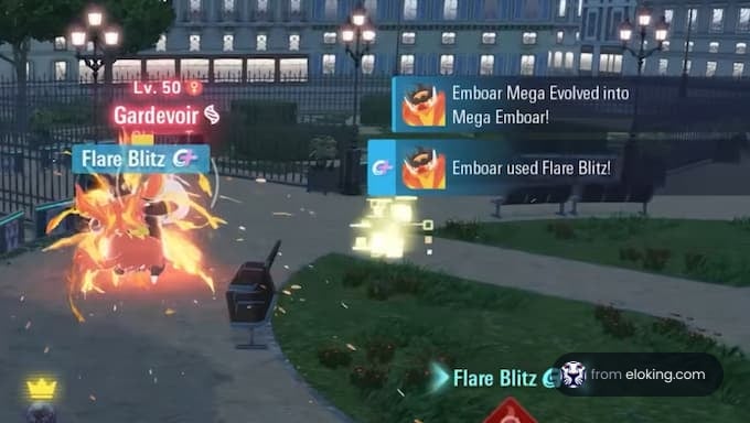 Mega Emboar setzt Flare Blitz in einem Kampf ein