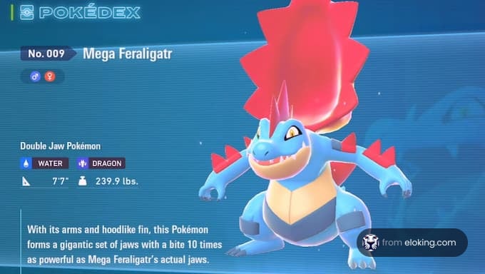Mega Feraligatr aus dem Pokédex, das sein markantes Design und seine Fähigkeiten zeigt.