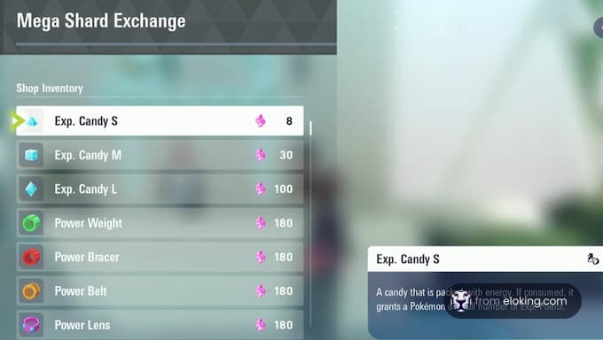 Mega Shard apmaiņas krājumi, kas parāda Exp. Candy S