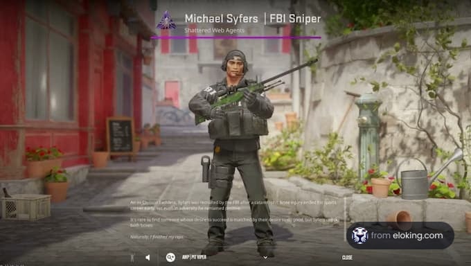 Michael Syfers, an FBI sniper from Shattered Web Agents, posing with gear in a colorful urban setting.