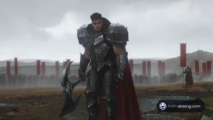 A mighty warrior in armor stands in a battle scene.