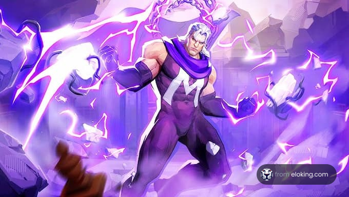 A mighty warrior harnessing purple lightning energy.
