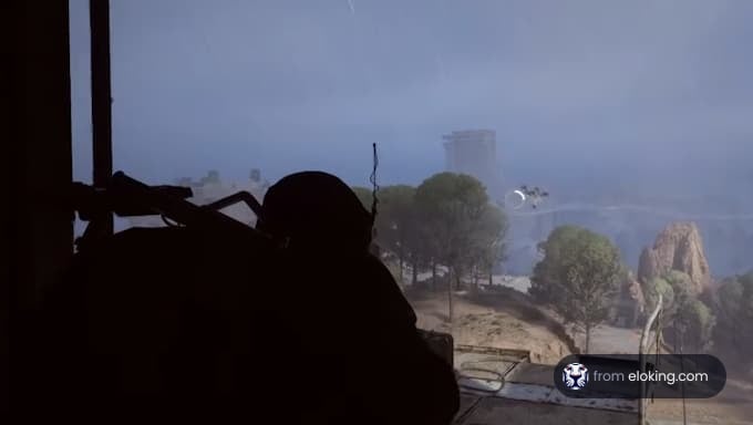 Soldier silhouette observing military operations through a window.