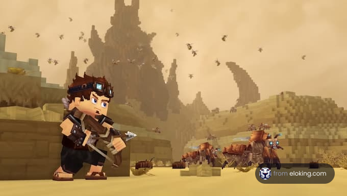 A character on an adventure in a desert landscape with creatures in the background.