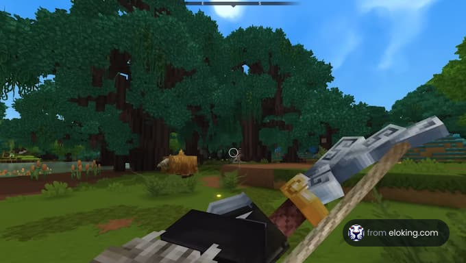 A vibrant forest scene from a Minecraft adventure game.