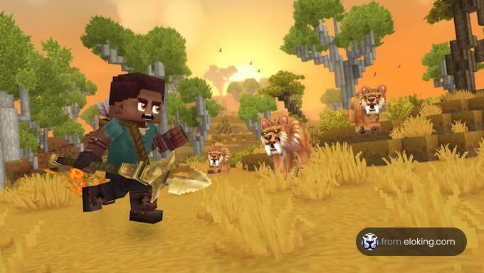 キャラクターが夕日を背景にライオンに向かっているブロック状の風景。