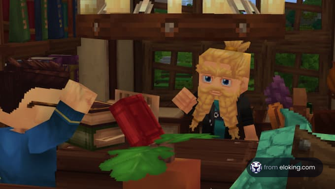 二人のマインクラフトキャラクターが居心地の良い場所で会話をしています。