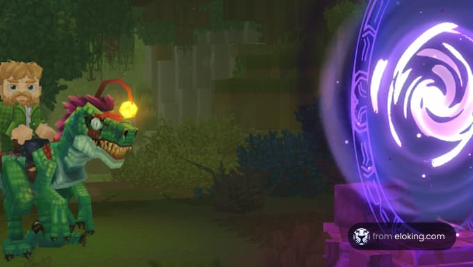 ピクセル化された恐竜と神秘的なポータルでの楽しい冒険。