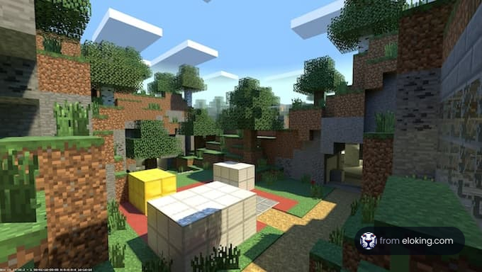 A vibrant forest landscape in a game environment featuring colorful blocks.