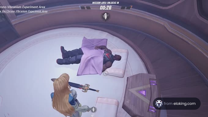 A character interacting in a futuristic experiment area with a sleeping figure.