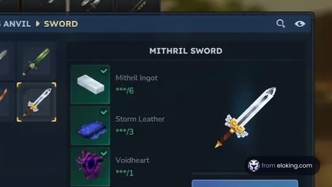 Schermata inventario della spada in mithril con materiali di crafting visibili.