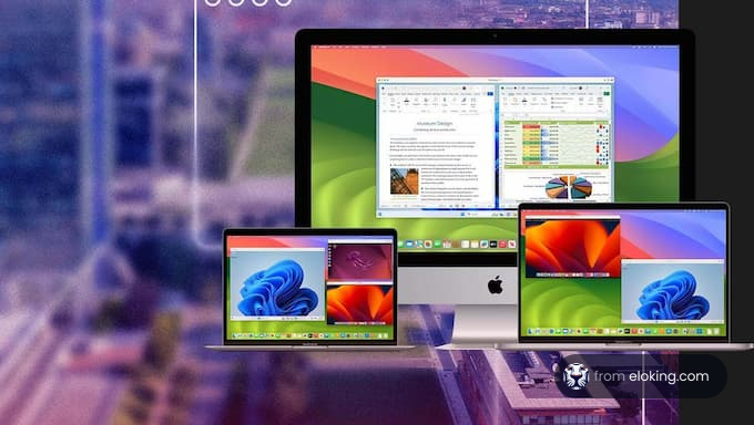 Modern computing devices including MacBook and iMac with windows laptops.