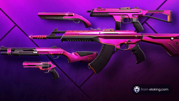 Assortment of futuristic weapons on a vibrant purple background