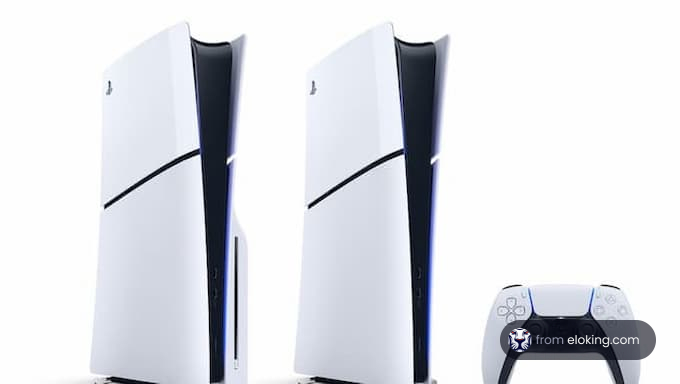 Two modern gaming consoles with a controller on a white background