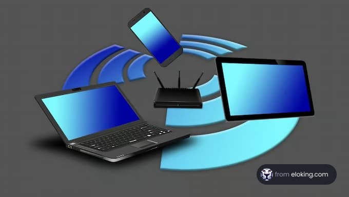 A range of devices including a smartphone, tablet, laptop, and a router with Wi-Fi symbol, showcasing connectivity technology