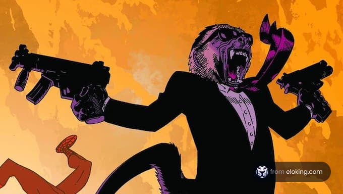 A monkey in a tuxedo wielding guns in an action pose