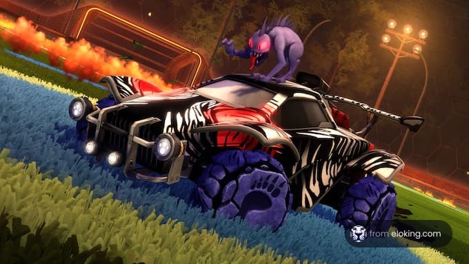 Monster truck with zebra stripes and blue flames competing against a purple dragon in a fiery stadium