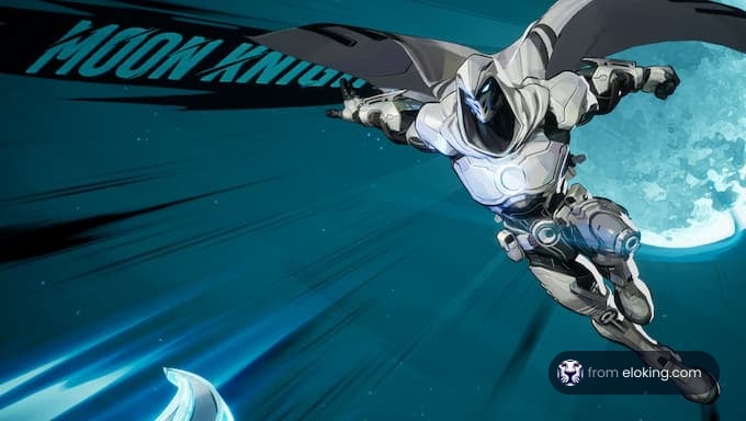 Moon Knight flying through the night sky with a bright moon behind him.