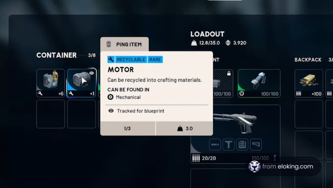 Motor item with details on recyclability and crafting materials.