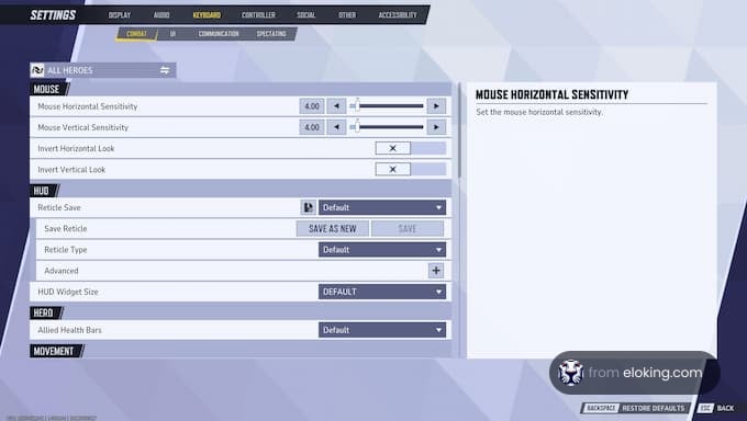 Mouse settings for horizontal sensitivity adjustments