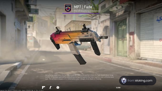 Colorful MP7 Fade gun skin in a street setting from the Inferno Collection